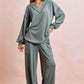 Cozy ribbed teal BiBi two-tone v-neck loungewear set with wide-leg pants