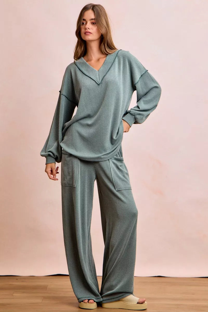 Cozy ribbed teal BiBi two-tone v-neck loungewear set with wide-leg pants