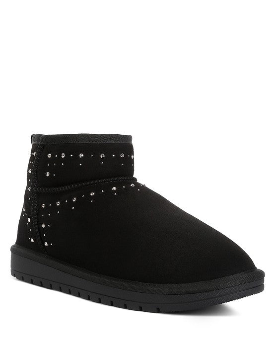 BLACK Winifred Rhinestone Embellished Fur Lined Boots | Boots Daverri Fashions