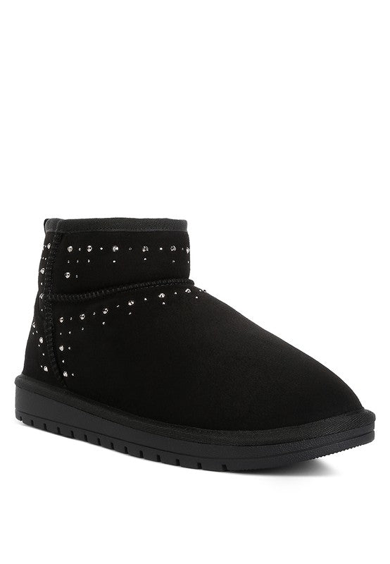 BLACK Winifred Rhinestone Embellished Fur Lined Boots | Boots Daverri Fashions