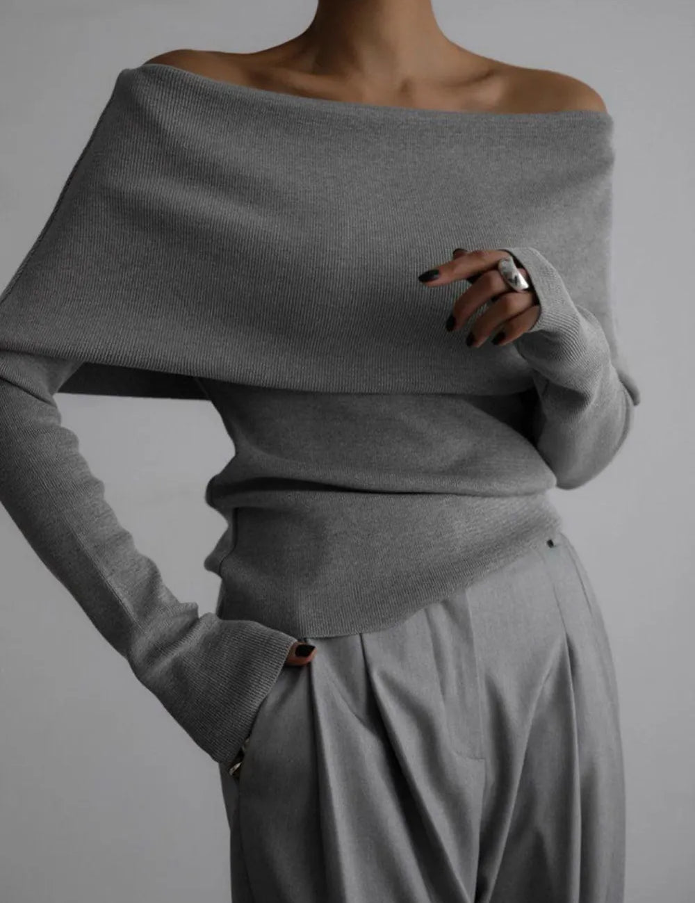 Gray Off-Shoulder Long Sleeve Knit Top | Knit Tops Daverri Fashions