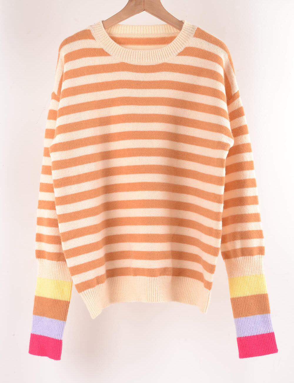 Cream Angel Wings Warm Spice Striped Round Neck Sweater | Sweaters Daverri Fashions