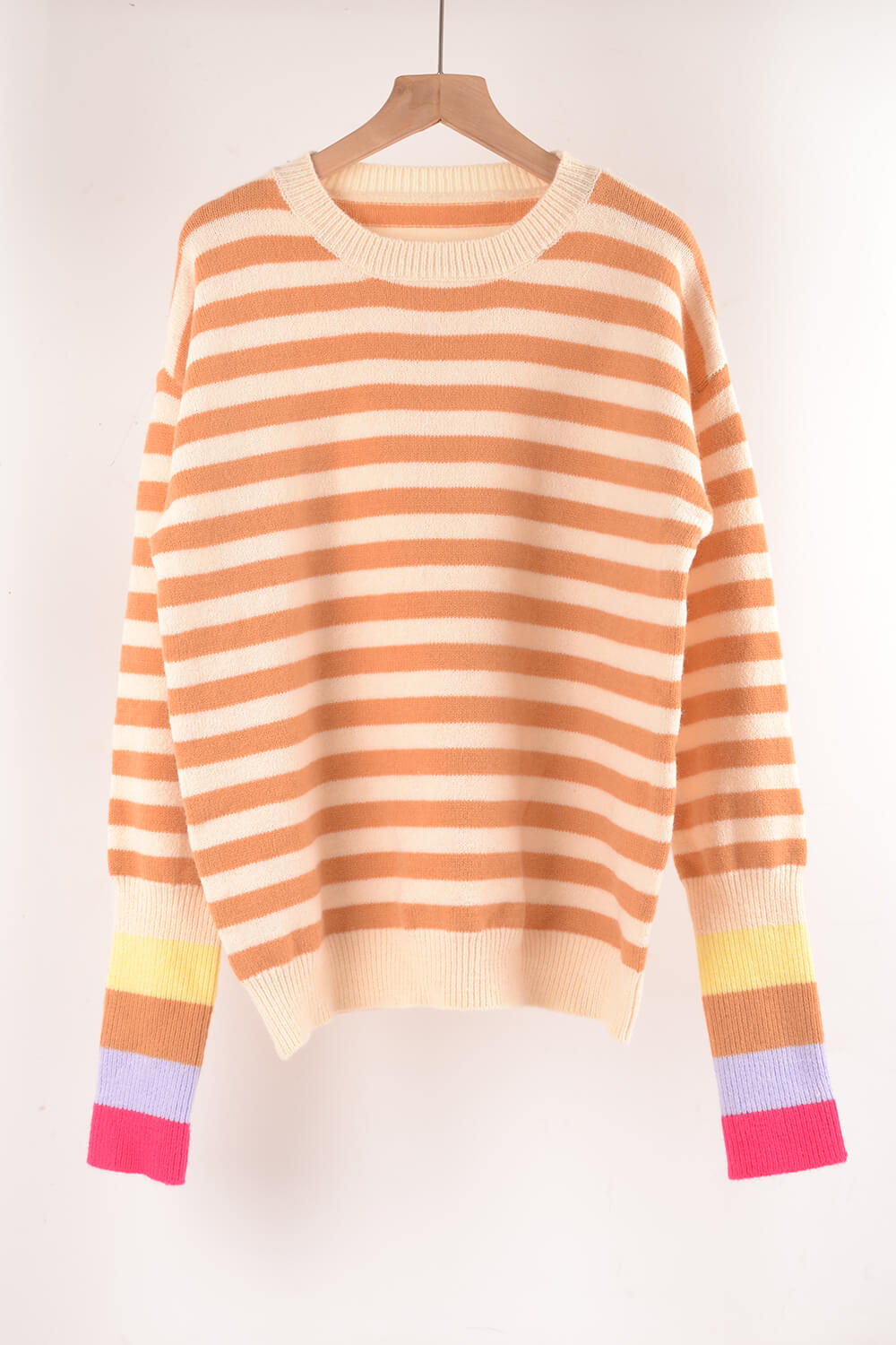 Cream Angel Wings Warm Spice Striped Round Neck Sweater | Sweaters Daverri Fashions