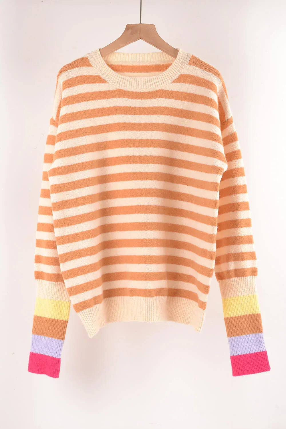 Angel Wings Warm Spice Striped Round Neck Sweater - DAVERRI FASHIONS