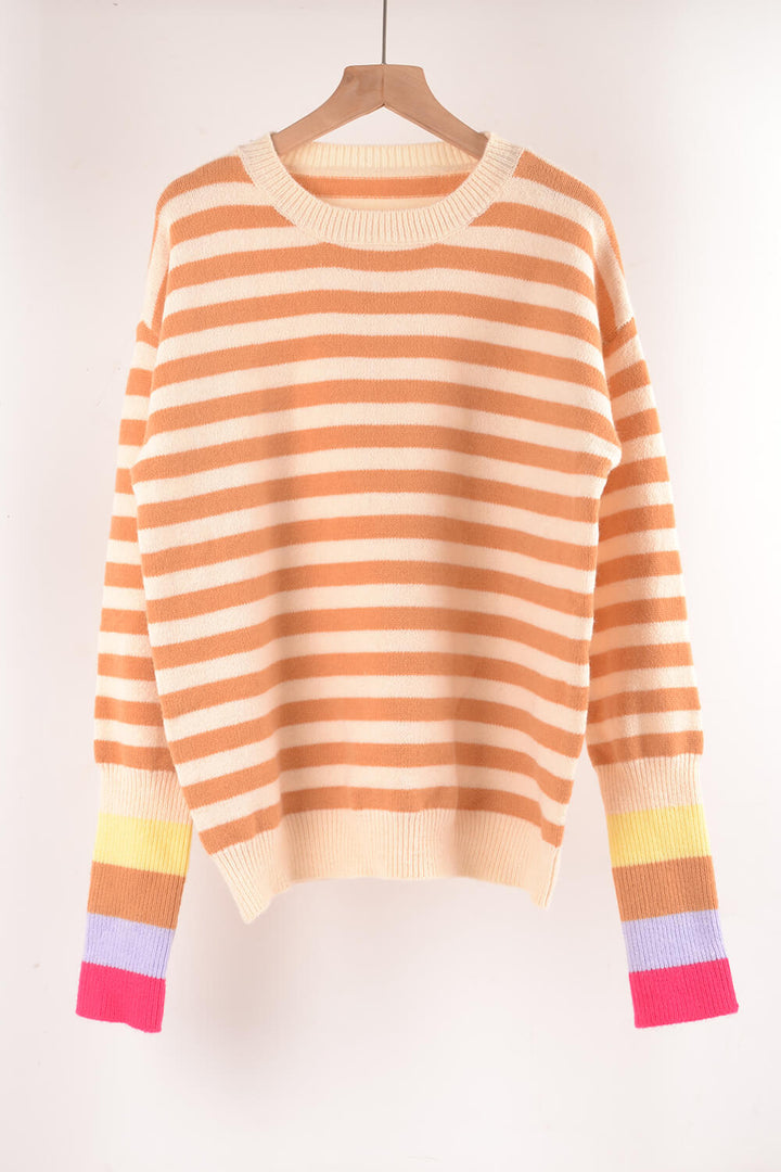 Cream Angel Wings Warm Spice Striped Round Neck Sweater | Sweaters Daverri Fashions