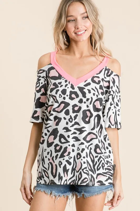 BiBi Leopard Print Top with Shoulder Cut Out Tops