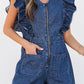 Denim Ruffled Zipped Front Belted Romper - DAVERRI FASHIONS