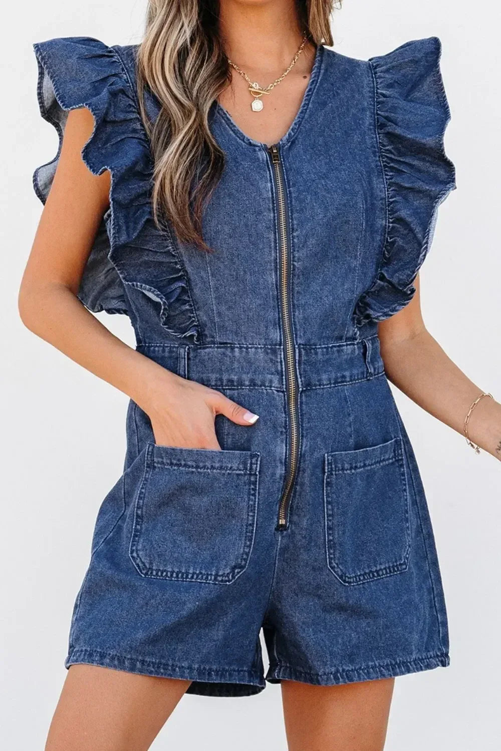 Denim Ruffled Zipped Front Belted Romper - DAVERRI FASHIONS