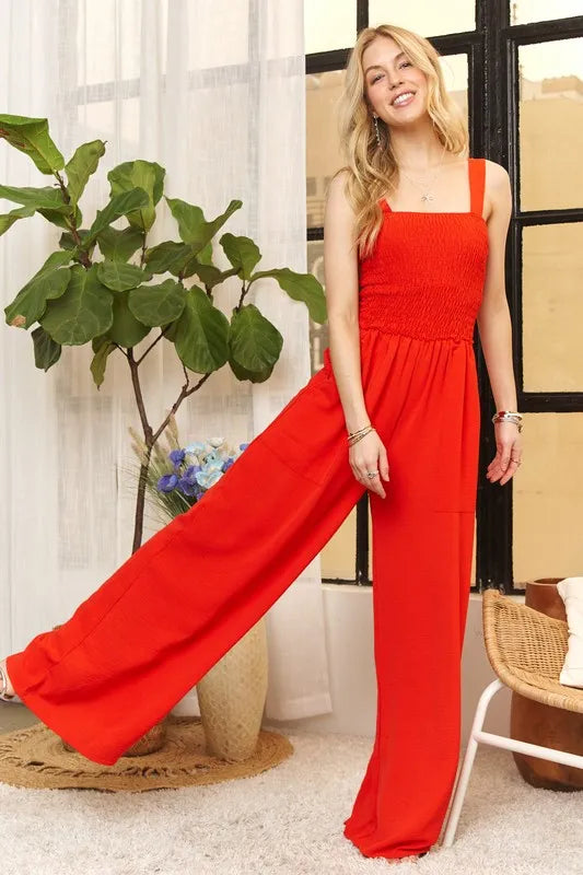 ADORA Full Size Smocking Top Wide Leg Jumpsuit Plus Size RED CORAL Jumpsuits