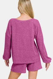 Zenana V-Neck Long Sleeve Ribbed Top and Shorts Set | Outfit Sets Daverri Fashions