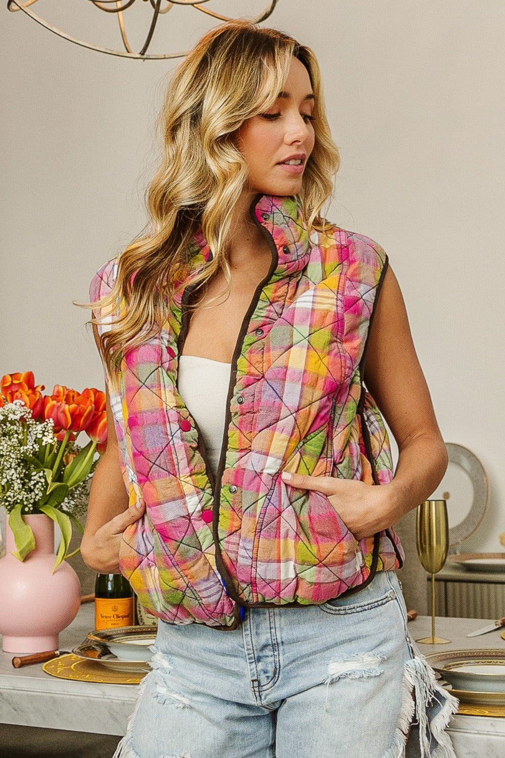 BiBi Quilted Washed Plaid Snap Down Vest Vests