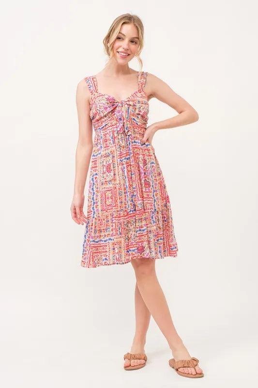 And The Why Tied Front Smocked Back Tiered Boho Printed Dress - DAVERRI FASHIONS