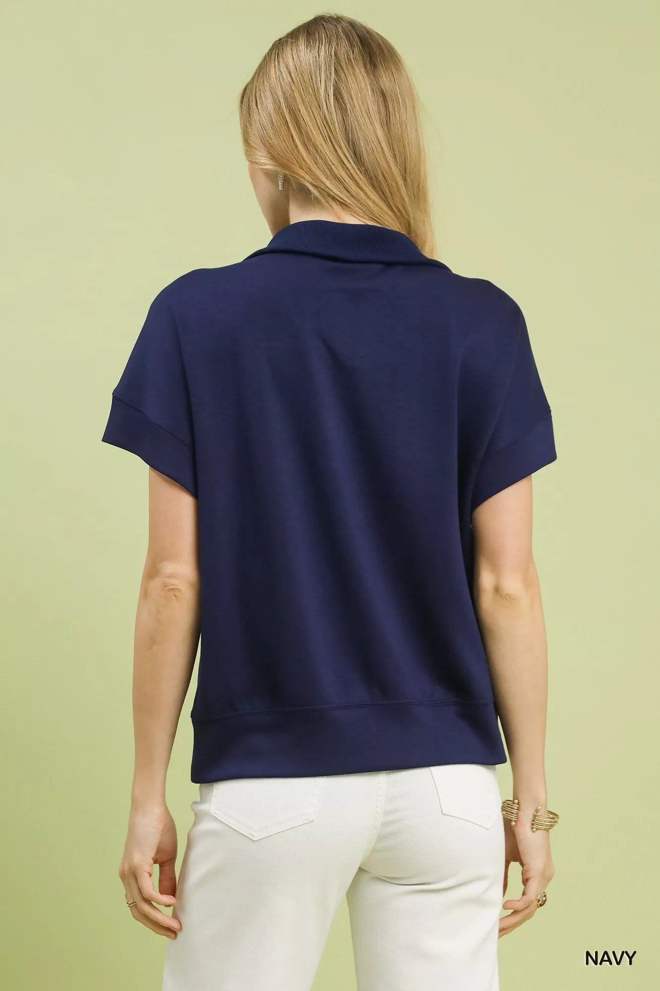 Navy blue Umgee striped collared half-zip polo shirt, soft fabric