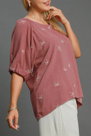 Umgee Full Size Linen Blend Ribbon Embroidered Top Plus Size | Daverri Fashions