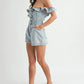 MABLE Off Shoulder Ruffle Detail Denim Romper Rompers