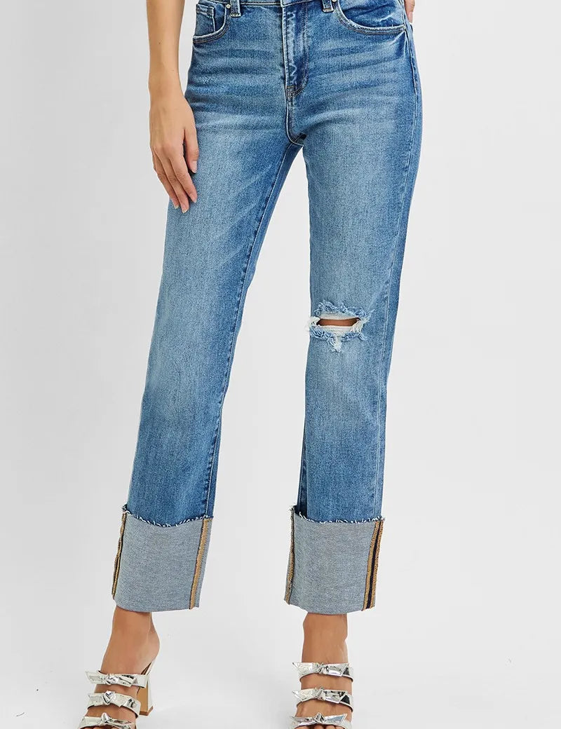MEDIUM RISEN Full Size High Rise Ankle Straight Wide Cuffed Jeans Plus Size | Daverri Fashions