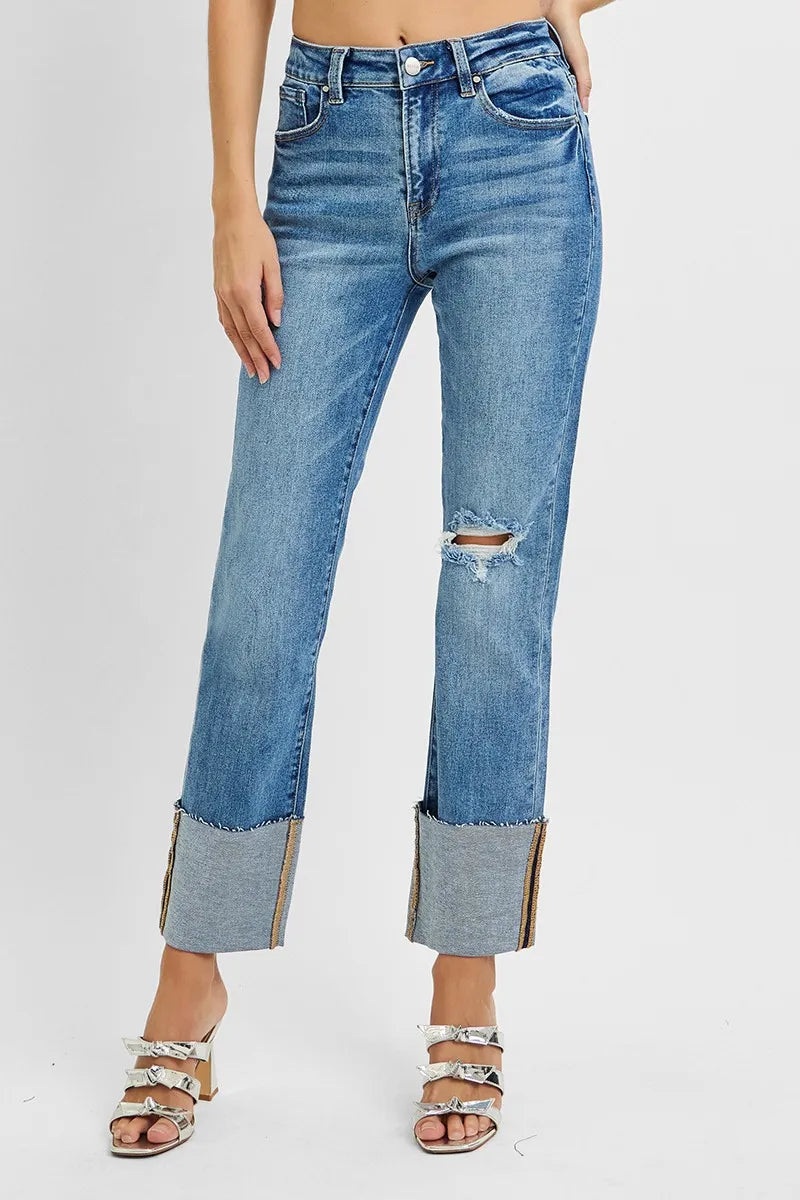 RISEN Full Size High Rise Ankle Straight Wide Cuffed Jeans Plus Size MEDIUM