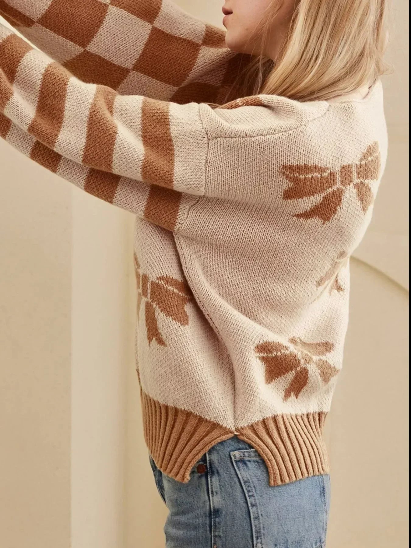 Ribbon Bow Checkered Striped Sleeve Drop Shoulder Sweater - DAVERRI FASHIONS