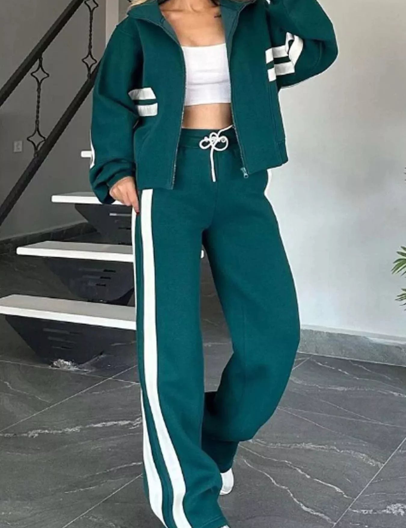 Green Full Size Contrast Stripe Zip Up Jacket and Pants Set Plus Size | Loungewear Sets Daverri Fashions