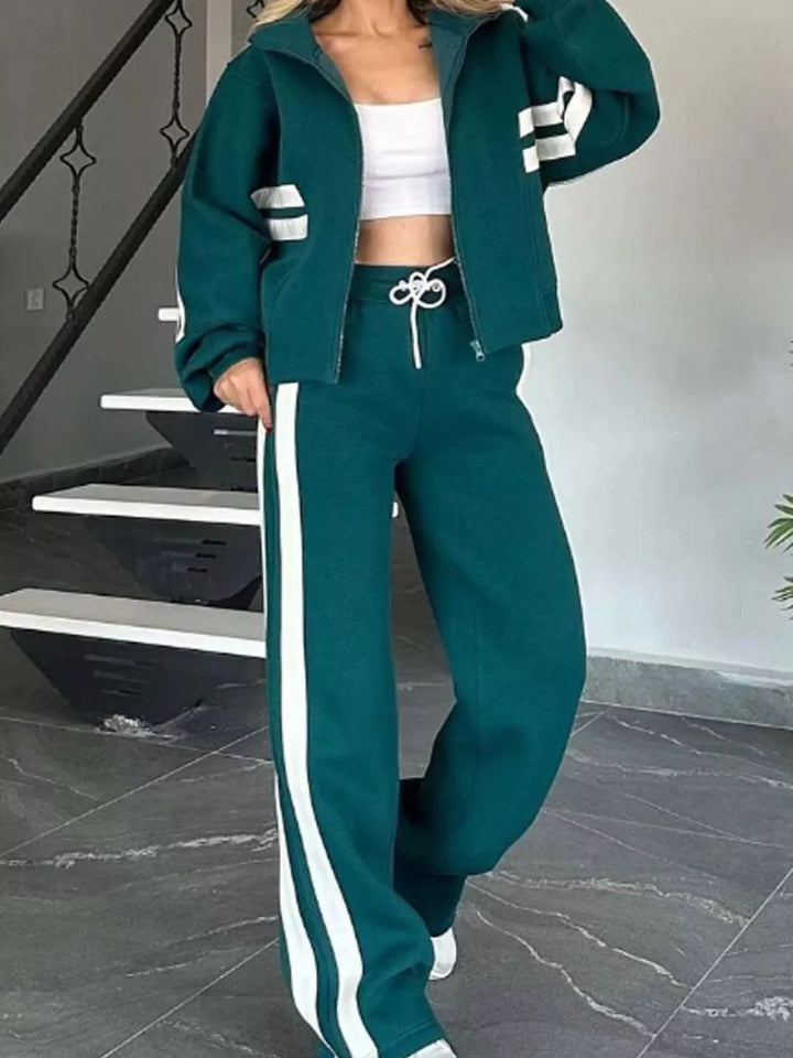 Green Full Size Contrast Stripe Zip Up Jacket and Pants Set Plus Size | Loungewear Sets Daverri Fashions