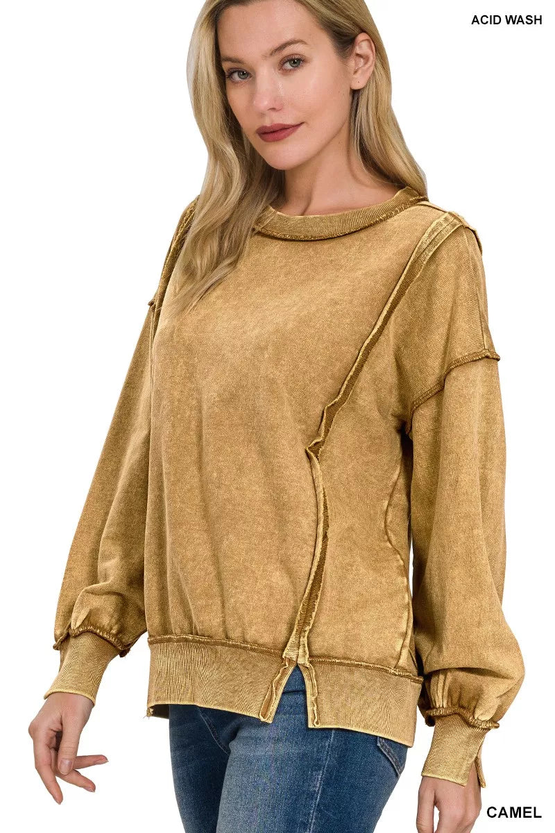 Zenana acid wash French terry sweatshirt with ruffles and ribbed cuffs