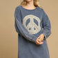 Umgee Peace Lace Applique Frayed Hem French Terry Mini Dress Dusty Blue