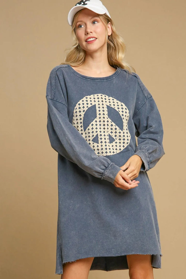 Umgee Peace Lace Applique Frayed Hem French Terry Mini Dress Dusty Blue