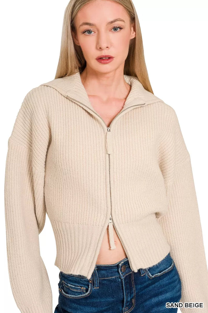 Zenana Ribbed Collared Zip Up Sweater Cardigan | Daverri Fashions