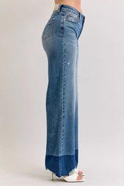Judy Blue raw hem high-waist light blue flare jeans with distressed details