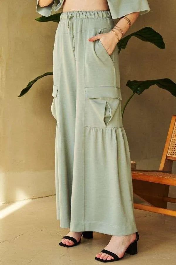 Light green Davi & Dani drawstring wide-leg cargo pants with pockets