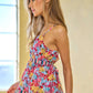 Vibrant Davi & Dani floral smocked sleeveless ruffle halter dress