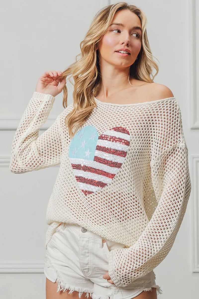 BiBi Sequin American Flag Heart Knit Cover-Up Cover-Ups