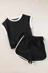 Black cable-knit cropped top and shorts set with white contrast trim