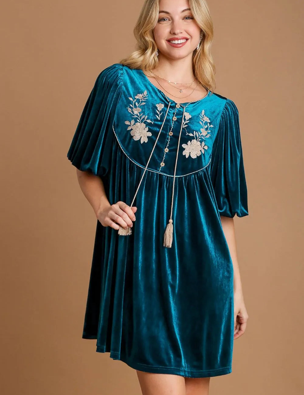 Deep Teal Umgee Embroidered Half Sleeve Velvet Mini Dress with Tassel | Mini Dresses Daverri Fashions