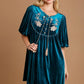 Umgee Embroidered Half Sleeve Velvet Mini Dress with Tassel Deep Teal Mini Dresses