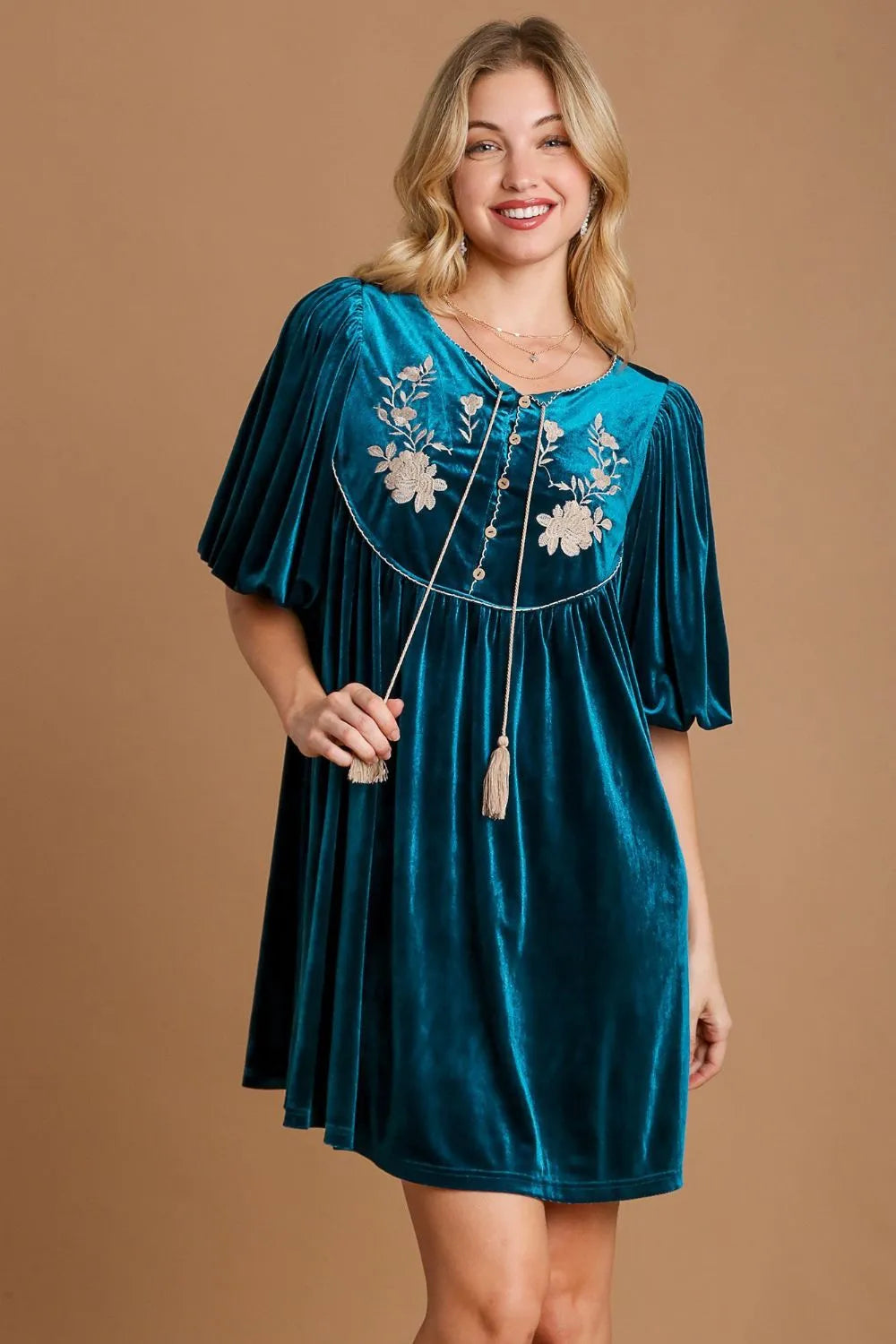 Umgee Embroidered Half Sleeve Velvet Mini Dress with Tassel Deep Teal Mini Dresses