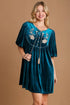 Umgee Embroidered Half Sleeve Velvet Mini Dress with Tassel Deep Teal Mini Dresses