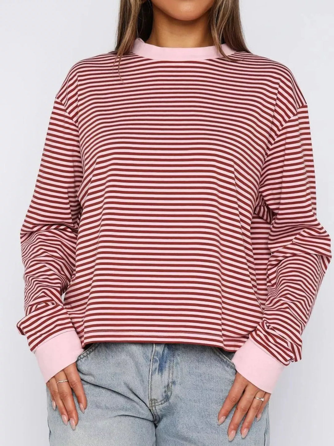Moonlit Mauve Striped Oversized Round Neck Sweatshirt | Sweatshirts Daverri Fashions