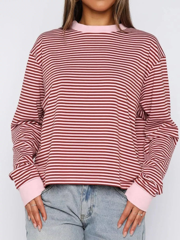Moonlit Mauve Striped Oversized Round Neck Sweatshirt | Sweatshirts Daverri Fashions