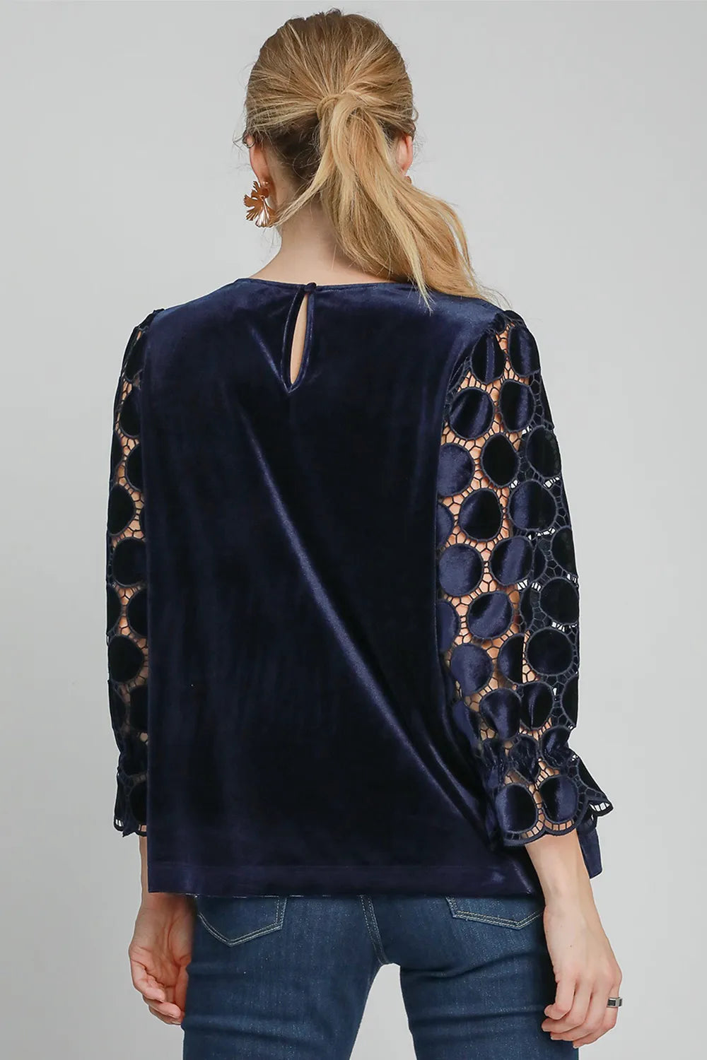 Umgee Polka Dot Lace Long Sleeve Round Neck Blouse | Blouses Daverri Fashions