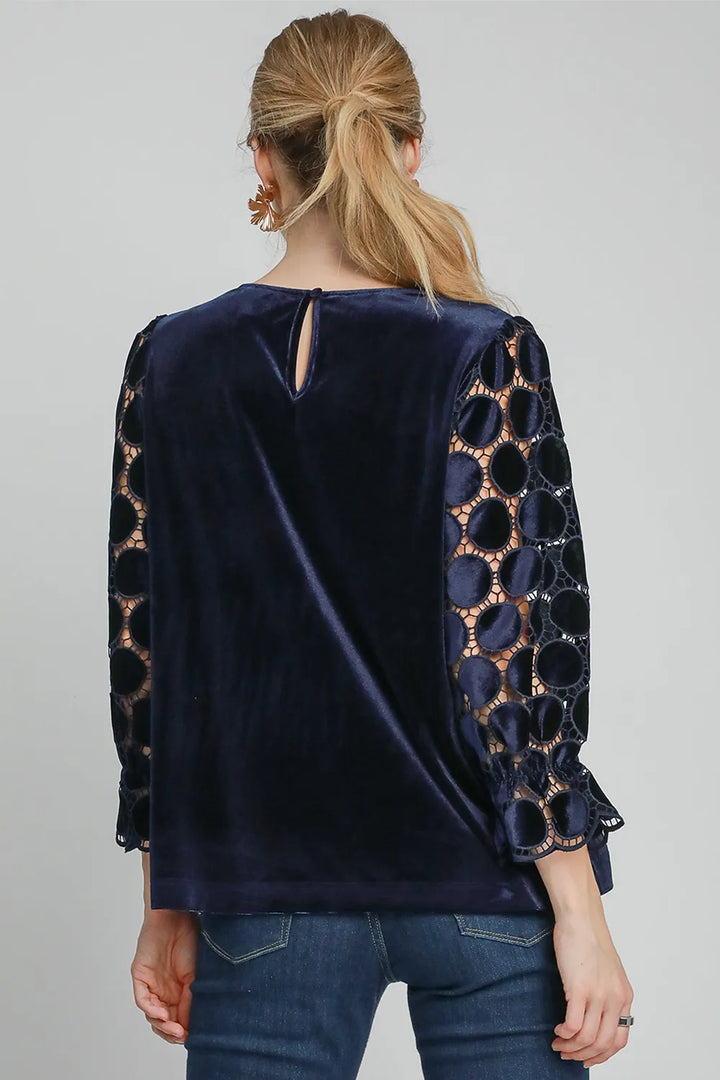 Umgee Polka Dot Lace Long Sleeve Round Neck Blouse | Blouses Daverri Fashions