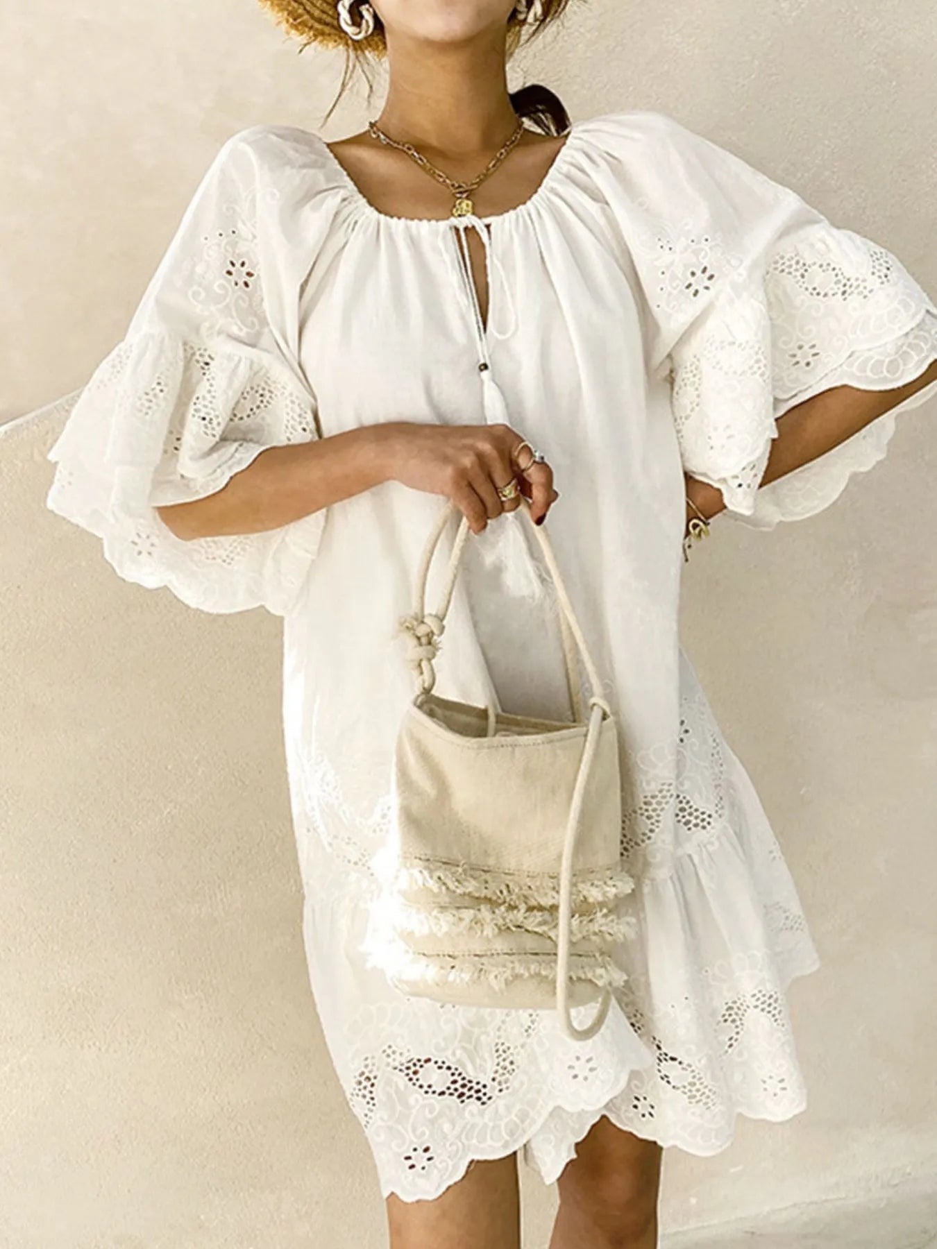 Eyelet Embroidered Tassel Tie Neck Dress | Mini Dresses Daverri Fashions