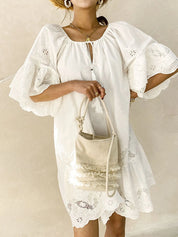 Eyelet Embroidered Tassel Tie Neck Dress | Mini Dresses Daverri Fashions