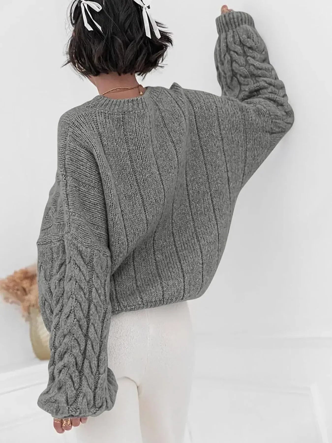 Cable Knit Long Sleeve Sweater - DAVERRI FASHIONS