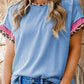 Leopard Trim Round Neck Ribbed T-Shirt - DAVERRI FASHIONS