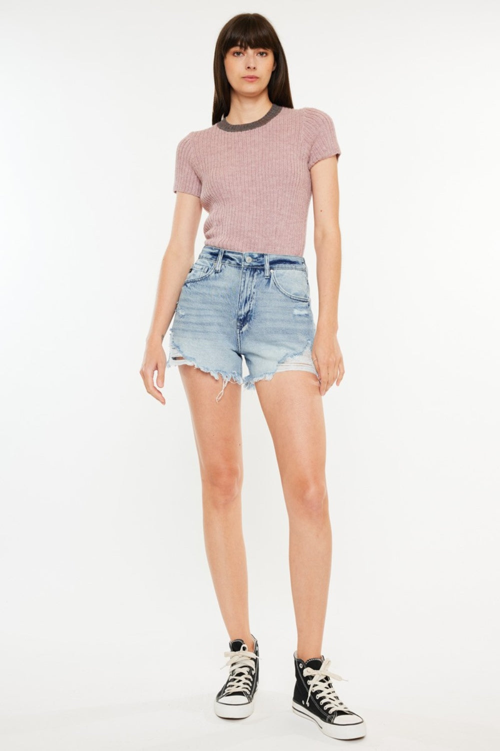 Kancan Distressed High Waist Denim Shorts with Pockets Medium Denim Shorts