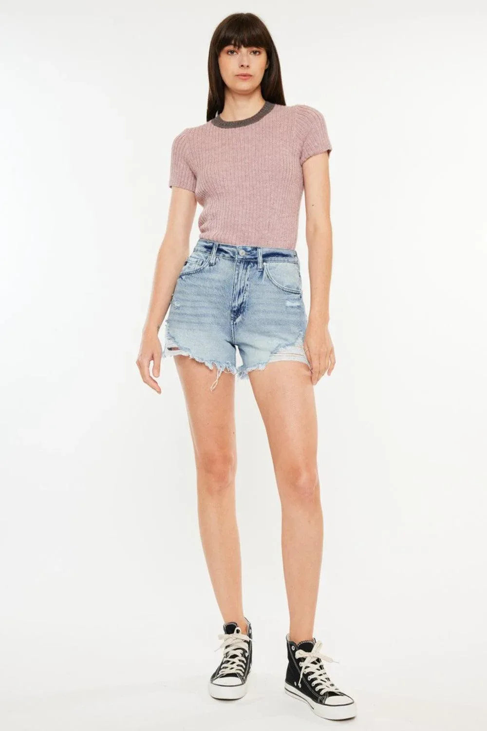 Kancan Distressed High Waist Denim Shorts with Pockets - DAVERRI FASHIONS