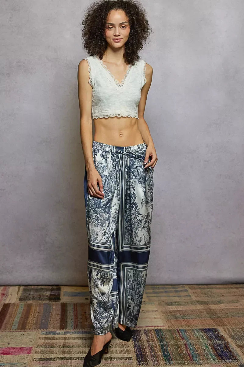 POL Floral Printed Woven Wide Leg Drawstring Pants - DAVERRI FASHIONS