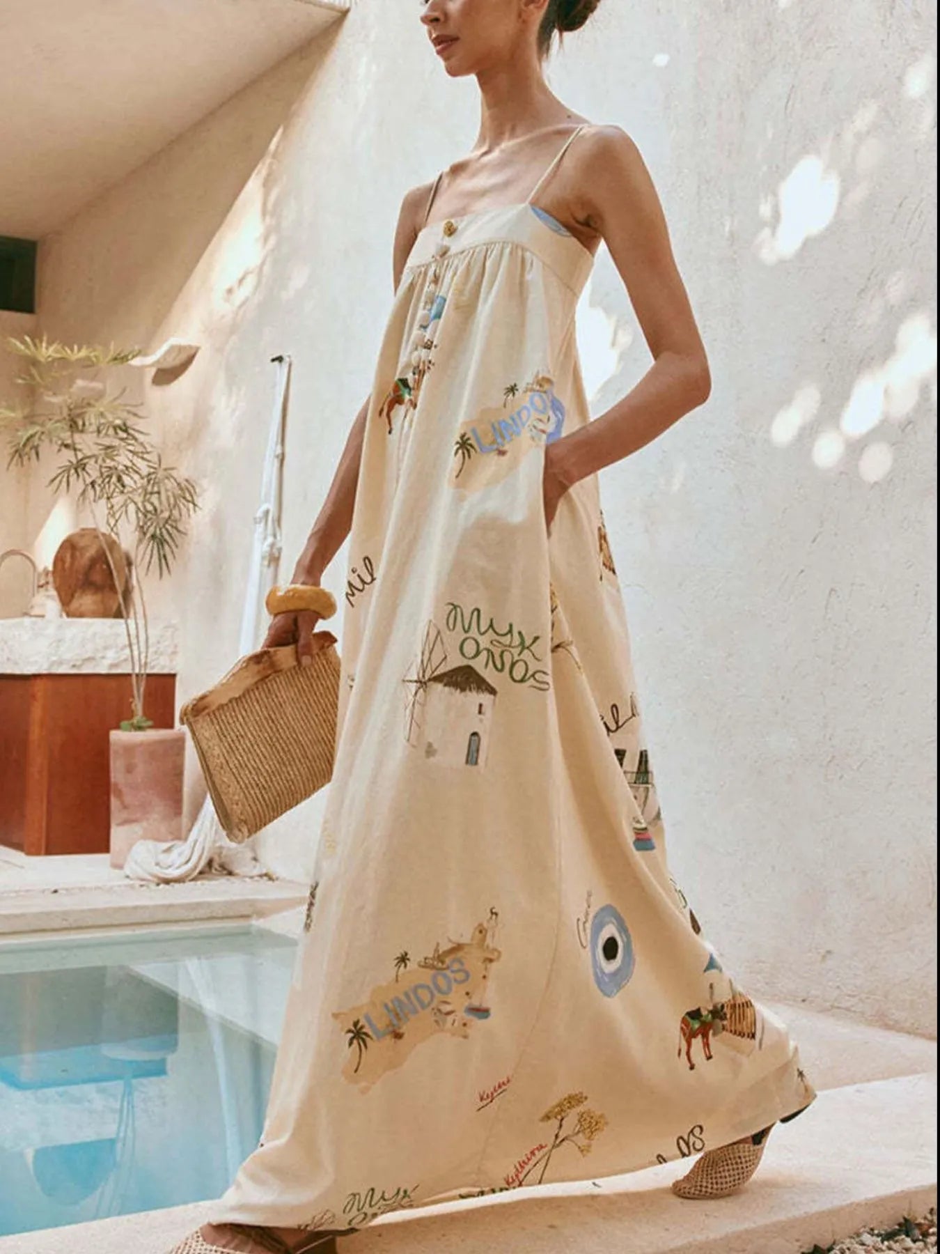 Daverri bohemian print cami maxi dress in beige with travel motifs