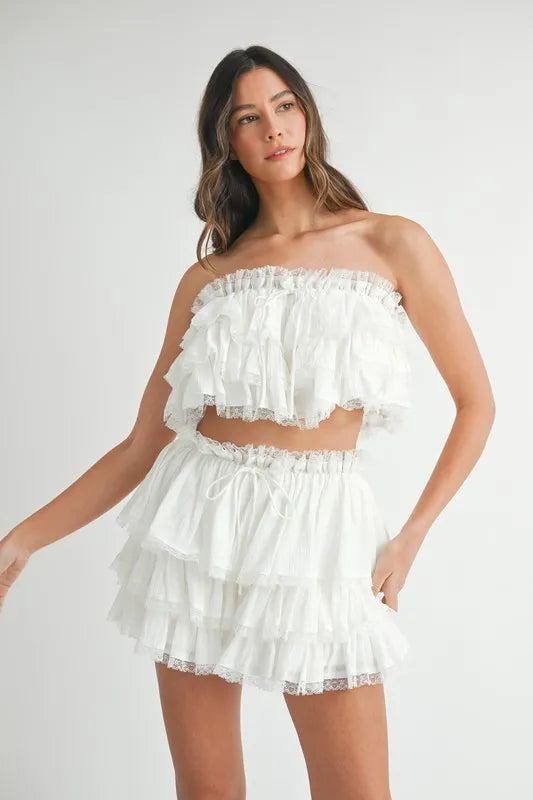 MABLE Ruffle Layered Crop Top and Mini Skirt Set Outfit Sets